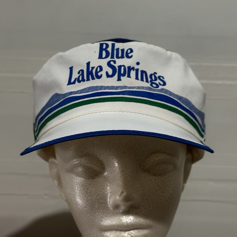 Vintage Blue Lake Springs Hat Peaked Snap Back Cap Mens One Size White Logo